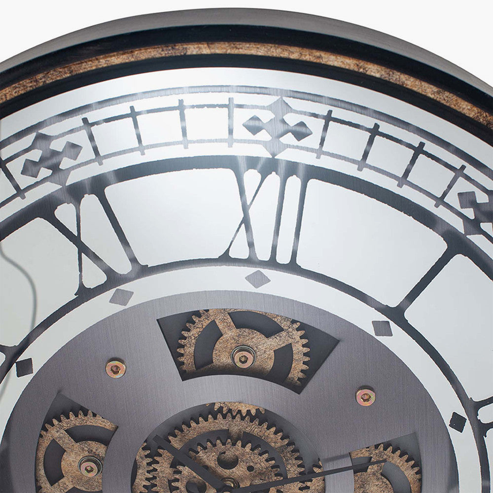Antique Gold Wood & Mirror Working Cog Round Wall Clock